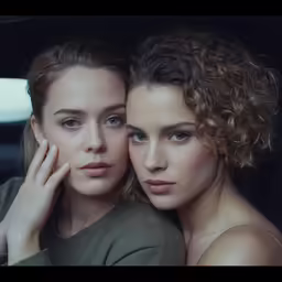 two women looking into the camera while one holds her hand over her face