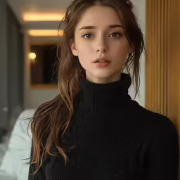 a beautiful woman wearing a black sweater posing for a photo