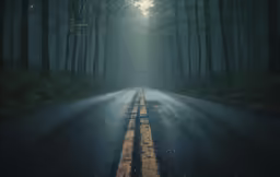 an empty street surrounded by trees with the lights of street lamps shining down