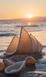 shells on the beach, the sun setting and some water