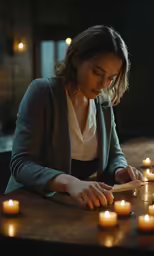 the woman is sitting at the table with many lit candles