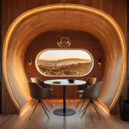 a circular room with a table and chairs next to it