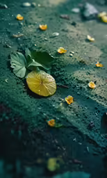 yellow plant floating in water over a wet surface