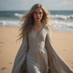 a girl with long hair standing on the beach with a robe over her shoulder