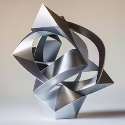 a sculpture of silver metal, with twisted intersecting shapes