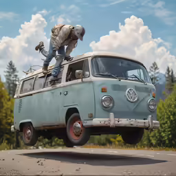 a person on top of an old van with two hands on the roof