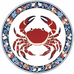 a circular red and blue crab sitting on top of a white plate