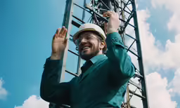 a man with a hard hat and glasses high up on a tower