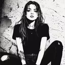 a black and white drawing of a woman with tattoos