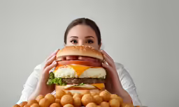 a woman hides her face as she holds a huge hamburger in front of her eyes