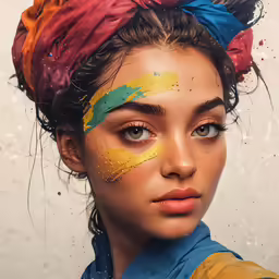a woman with a colorful head band with paint on it