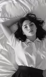 a woman wearing a shirt is laying on a bed