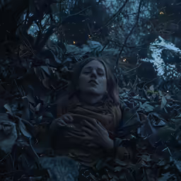 a woman laying on the ground surrounded by trees