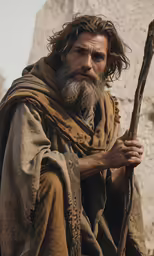 man with large beard standing with an old stick