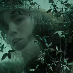 a woman looking through the branches of some foliage