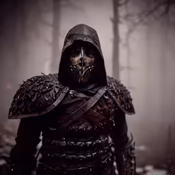 a creepy looking person wearing a hooded outfit in a dark woods