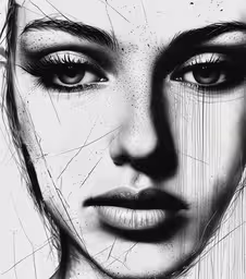 an artistic black and white drawing of a woman with the face missing,the face and upper half of the face are broken