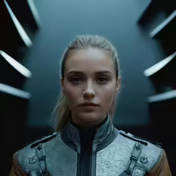 a girl with blond hair and armor stands in front of the camera