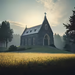 church in the fog, standing in a field