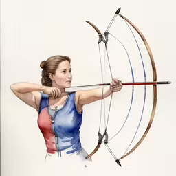 an illustration of a girl shooting a bow at an arrow,a painting of a young girl aiming at the target