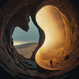 the sun rises in an ocean shaped cave