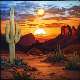 a cactus in the desert and an image of the setting sun
