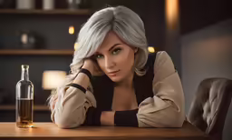 a woman with blonde hair is sitting at a table