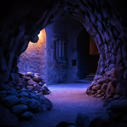 a pathway is shown through an arch made of rocks