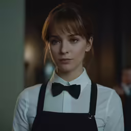 the girl in the bow tie is ready to do some thing