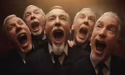 an excited group of men pose for the camera