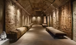 a long row of beds next to brick wall