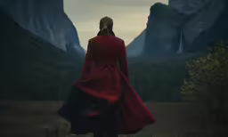 a woman in a red coat and a white hat in a field