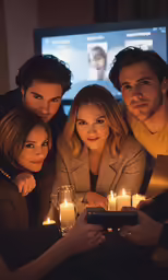 a man and two women sit behind a table with candles