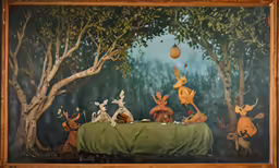 artwork depicting rabbits gathered on a table in front of trees