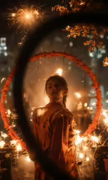 the woman with the headdress is posing in front of firework