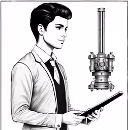 black and white portrait of a man looking at a computer screen with a device in his hand