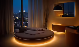 a round bed sits on the floor near a window