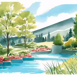 the landscape in this painting is beautiful and has water and trees in it