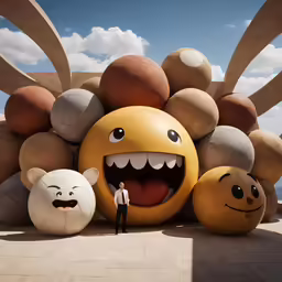 a man stands in front of several large balls and giant eyes