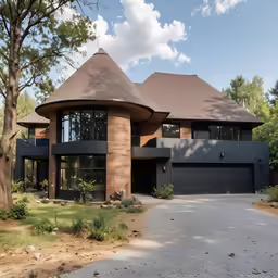 a modern style home stands on the corner of a small driveway