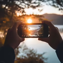 someone holding a phone up to take a picture of a lake