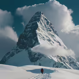 a person walking through the snow towards a snowy mountain peak