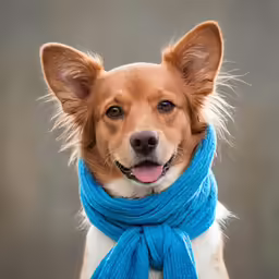 a close up of a dog wearing a scarf