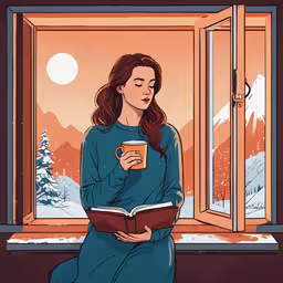 the woman is sitting in front of the window while holding a book,an illustrated girl standing and reading a book