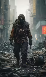 a man in a gas mask walks through a rubble street