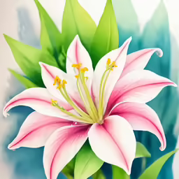 a painting of a pink flower on a blue watercolor background
