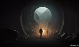 a man in a dark tunnel is glowing while two men are walking in the other direction