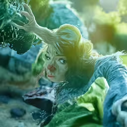 a girl with blonde hair reaching out her arms