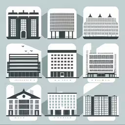 a set of six building with windows and windows with windows and a clock,architectural buildings, including one big building and the smaller one smaller