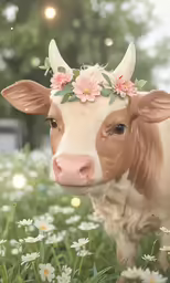 the brown cow is standing in a field of daisies